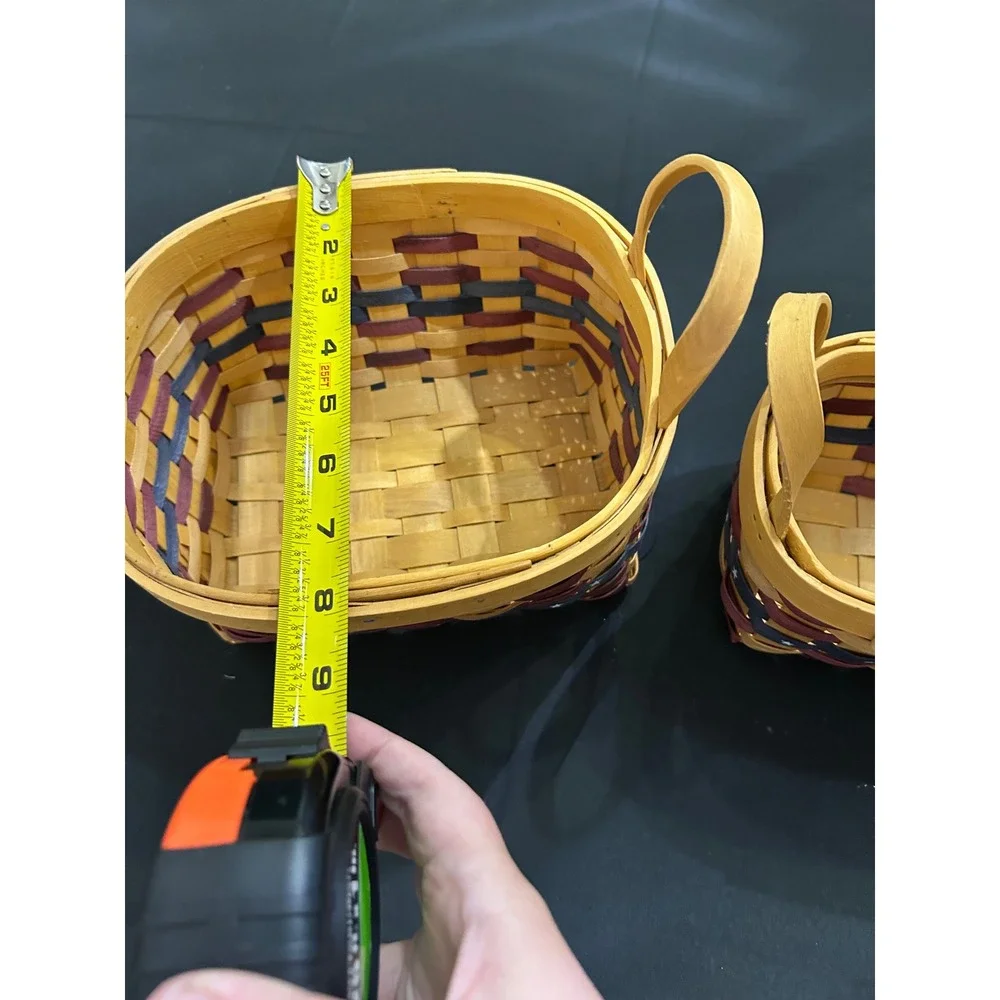Primitive Woven Basket Set Americana Star Accent Nested Wood Handle Decor Pair